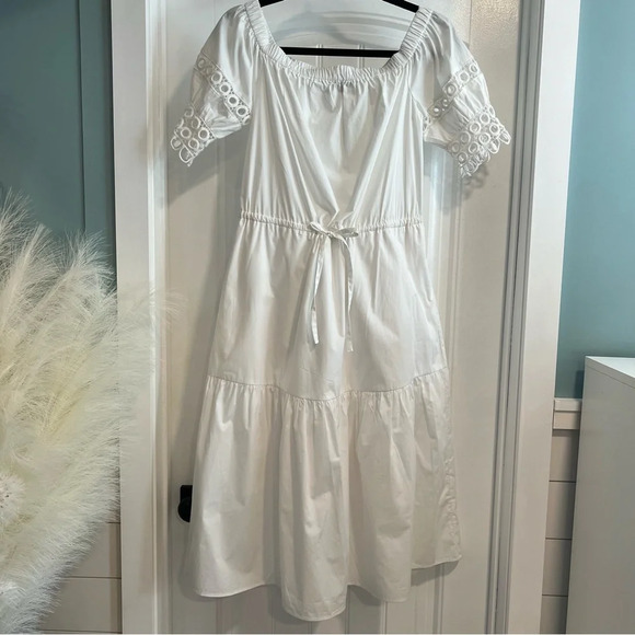 Who What Wear Dresses & Skirts - Who What Wear White Cotton Tie Waist Dress Puff Short Embellished Sleeves. XS.